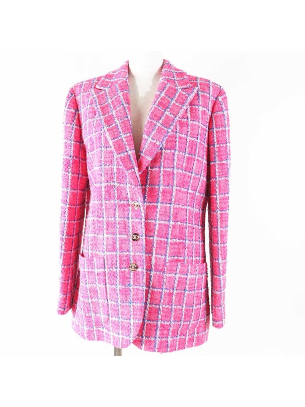 Chanel 24P Cotton CC Logo Bijou Button Checkered Pattern Tweed Jacket Pink Blue